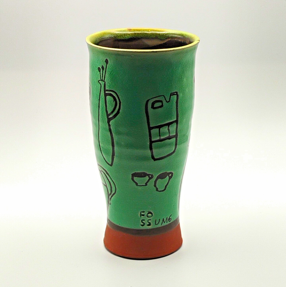 Lori Fossum Studio Art Pottery Vase-Green Sgraffito "Wine & Cups"Design Signed
